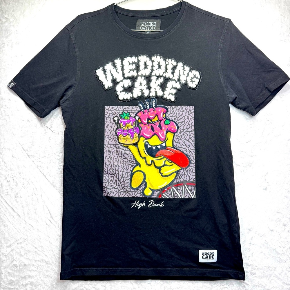 Wedding Cake Wake Bake and Cake High Dunk Black Novelty Tee Weed Cannabis Small